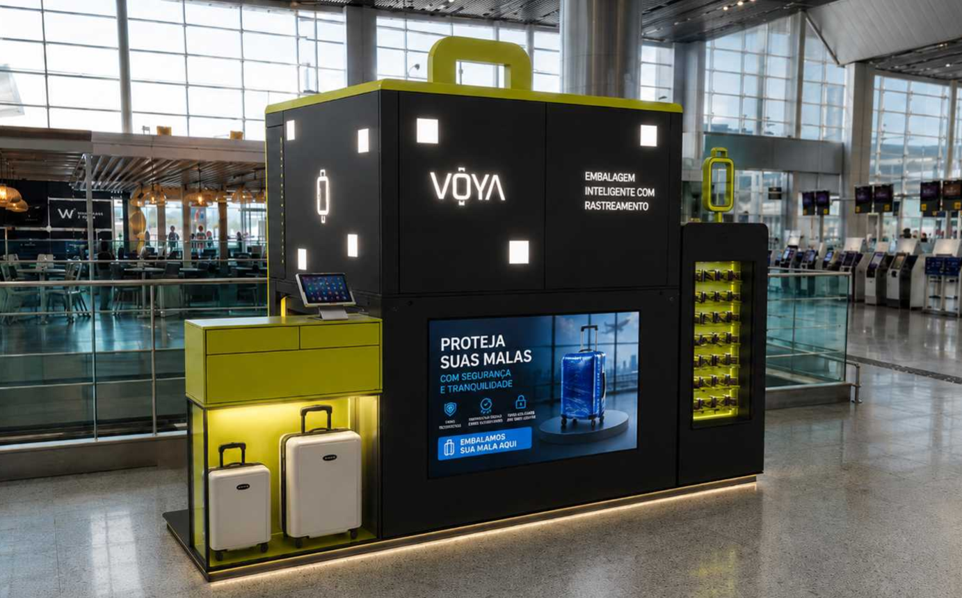 Quiosque VOYA para proteção de bagagens no aeroporto